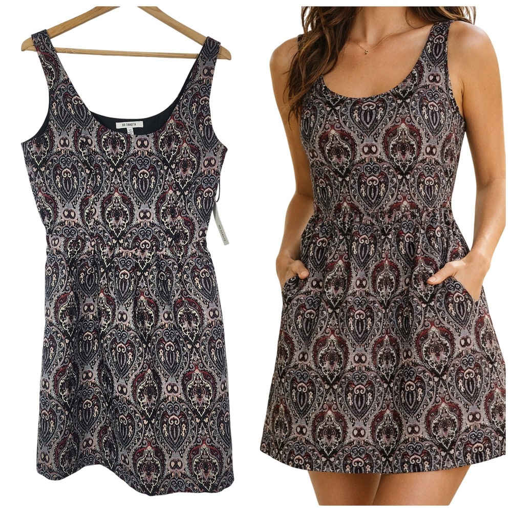 BB‎ Dakota Syrah Red Paisley Tapestry Fit & Flare Mini Dress Womens 10 Jacquard